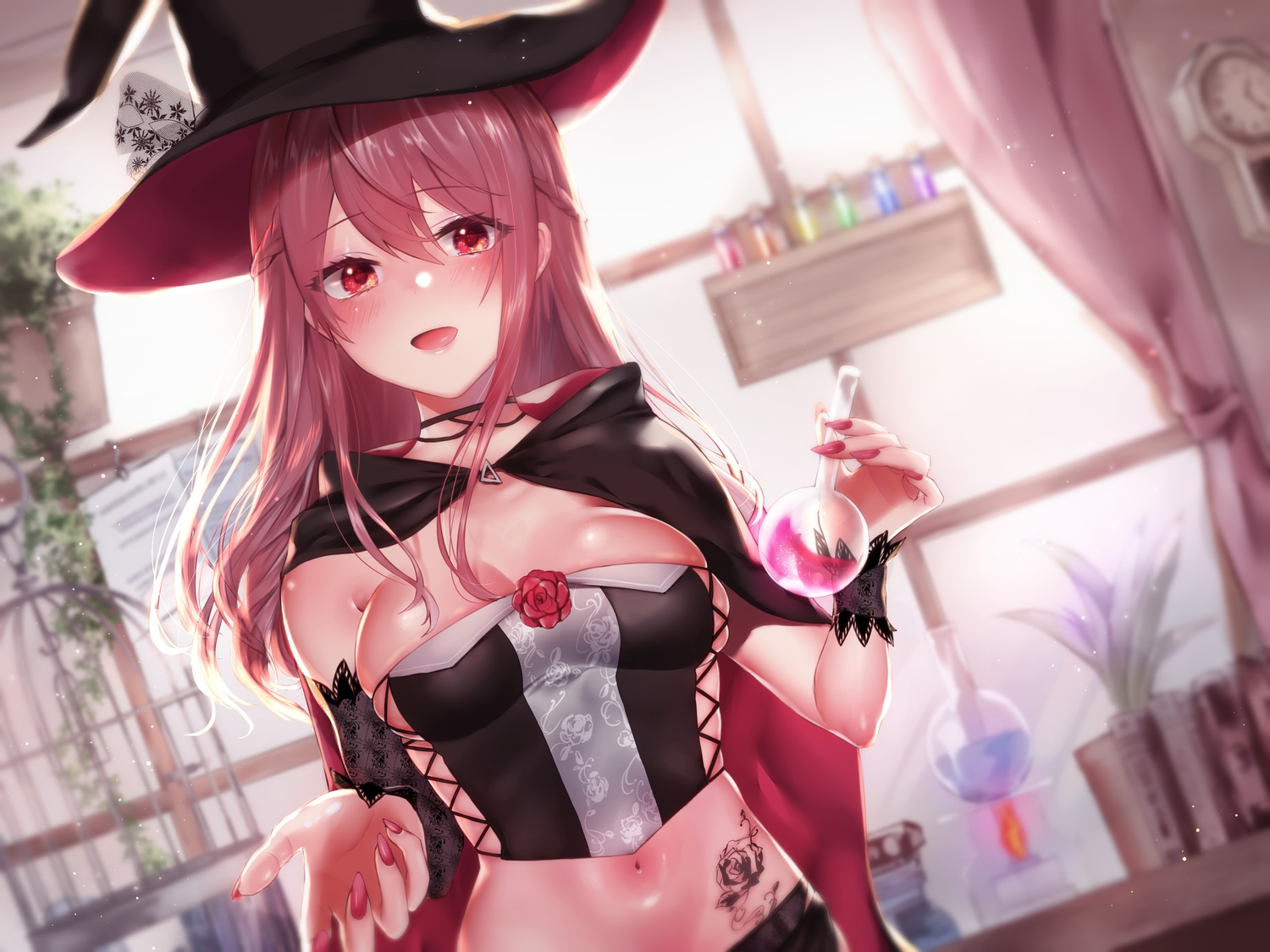 blush, braids, breasts, cape, choker, hat, long_hair, navel, original, red_eyes, red_hair, sakiryo_kanna, tattoo, witch, witch_hat