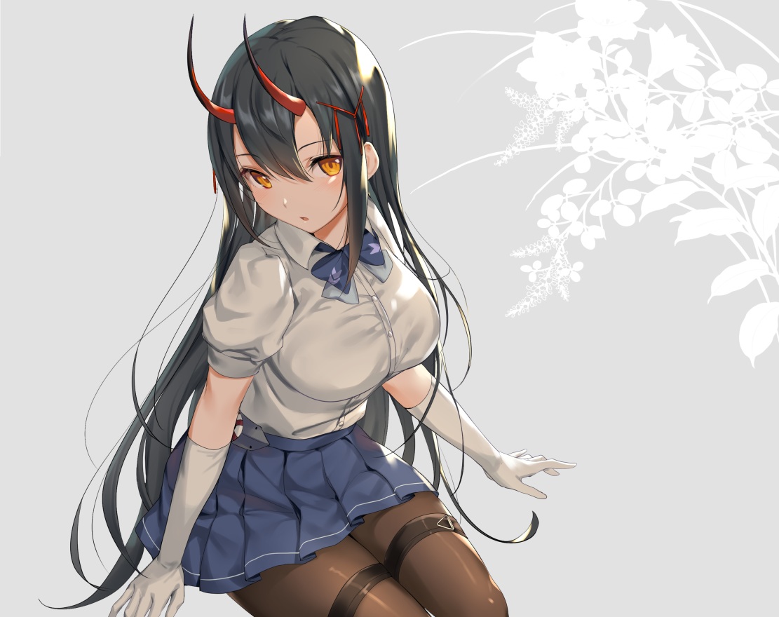 anthropomorphism, azur_lane, black_hair, bow, breasts, cropped, elbow_gloves, garter, gloves, horns, ikomochi, long_hair, orange_eyes, pantyhose, school_uniform, skirt, suzuya_(azur_lane)
