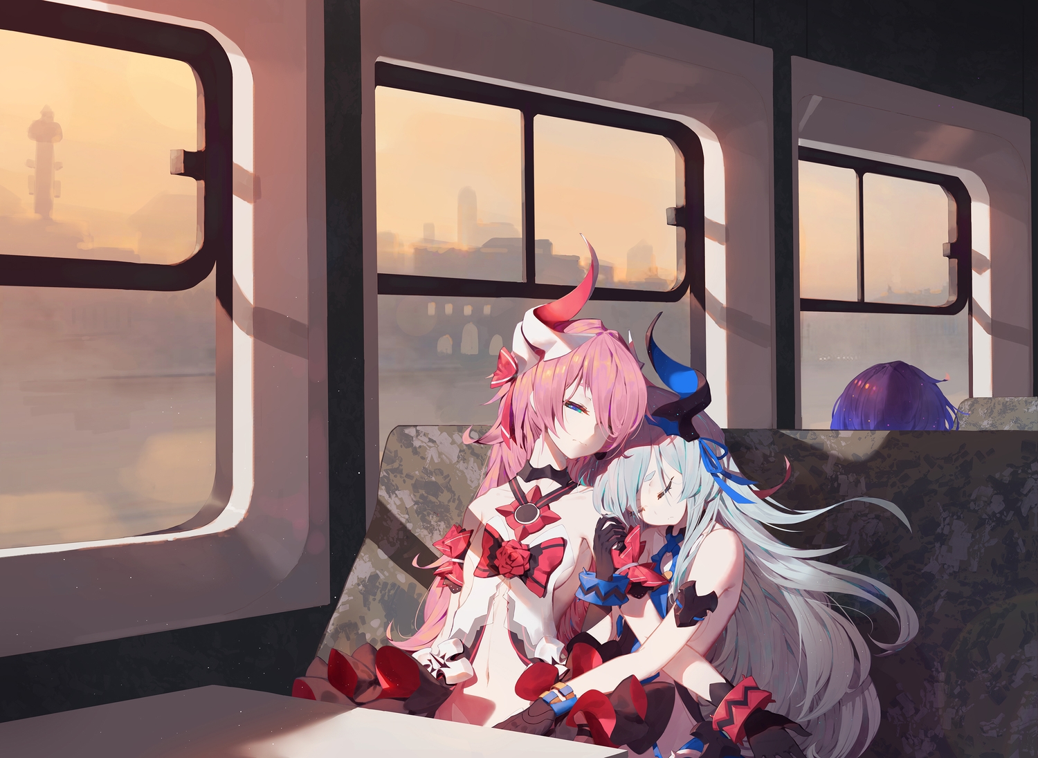 2girls, asa_ni_haru, honkai_impact, honkai_(series), horns, liliya_olenyeva, long_hair, rozaliya_olenyeva