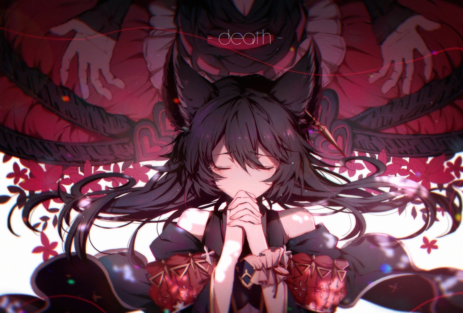 2girls, animal_ears, black_hair, crying, death_(granblue_fantasy), goth-loli, granblue_fantasy, japanese_clothes, lolita_fashion, long_hair, nier_(granblue_fantasy), pollity, tears, wristwear