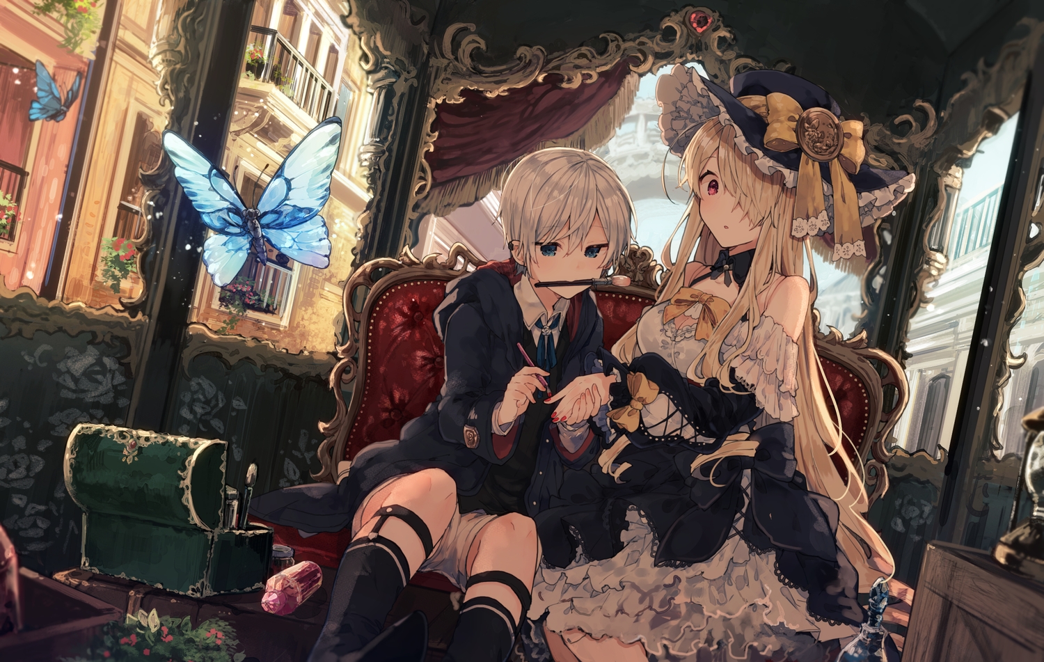 blonde_hair, blue_eyes, bow, breasts, building, butterfly, cleavage, doll, dress, edel_(ikeuchi_tanuma), garter, goth-loli, gray_hair, hat, hood, ikeuchi_tanuma, kneehighs, lolita_fashion, long_hair, male, original, red_eyes, rudy_(ikeuchi_tanuma), short_hair, shorts