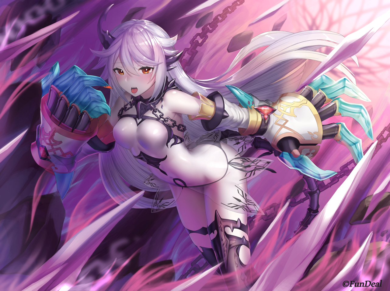 chain, dress, gloves, horns, long_hair, mizya, orange_eyes, original