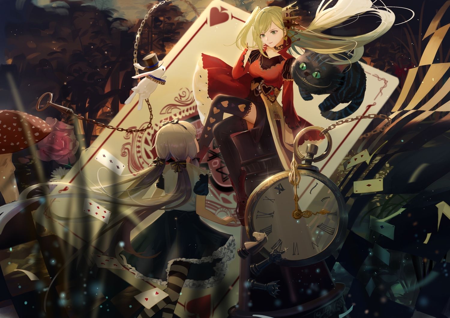 2girls, alice_in_wonderland, animal, blonde_hair, bow, cangqiong, cat, chain