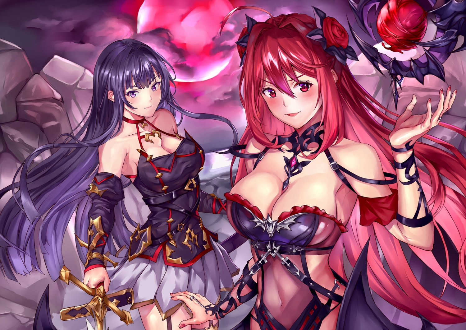 2girls, blush, breasts, cleavage, clouds, demon, erze_(king's_raid), king's_raid