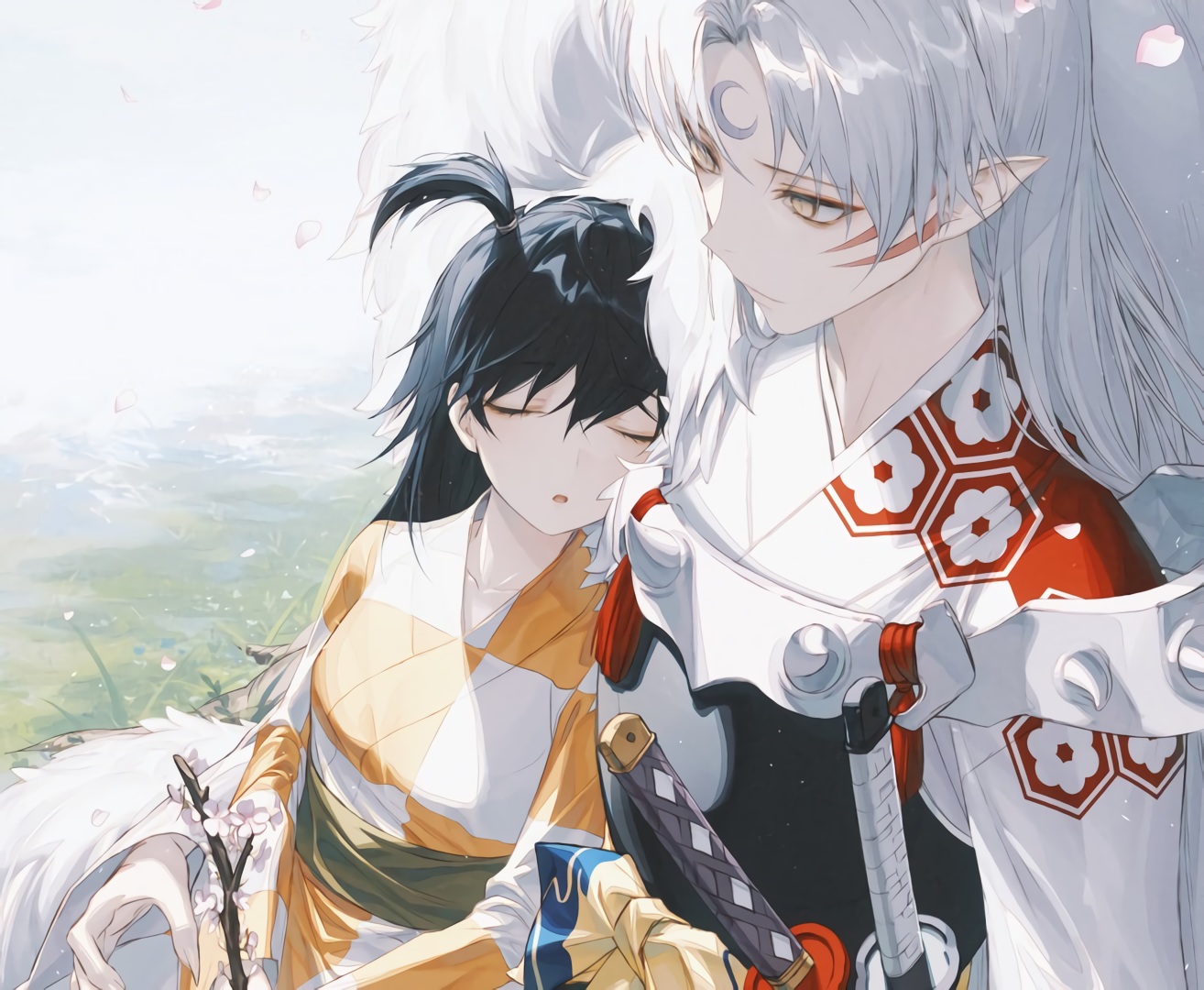 armor, black_hair, bow, cherry_blossoms, cropped, flowers, grass, inuyasha