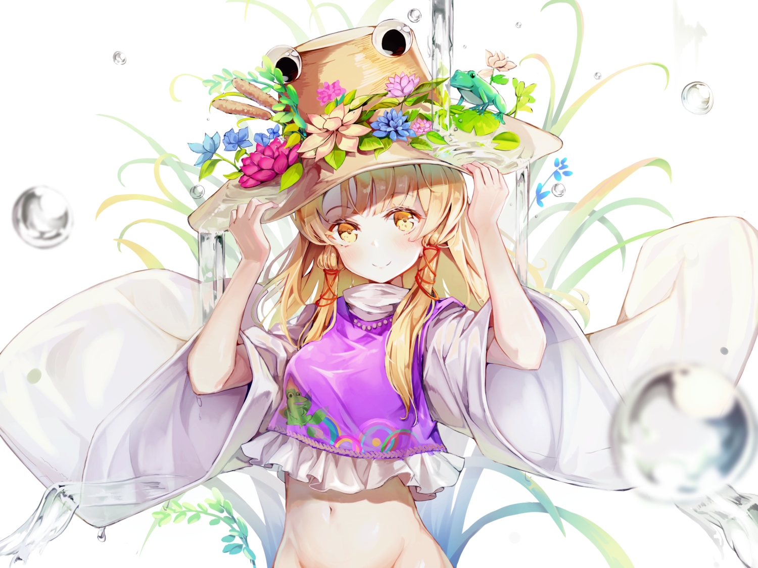 animal, blonde_hair, blush, flowers, frog, hat, hon_(neo2462), long_hair