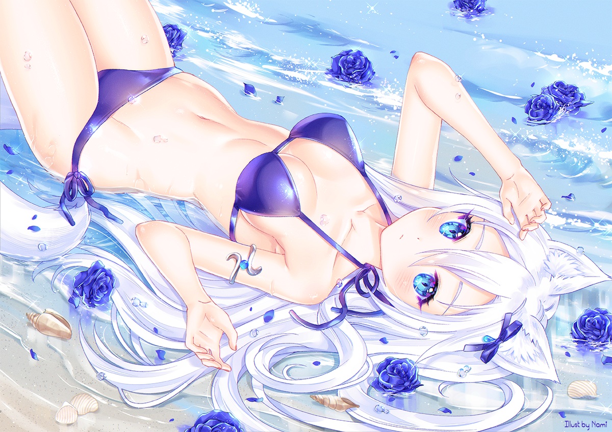 animal_ears, aqua_eyes, bikini, blush, breasts, catgirl, cleavage, flowers
