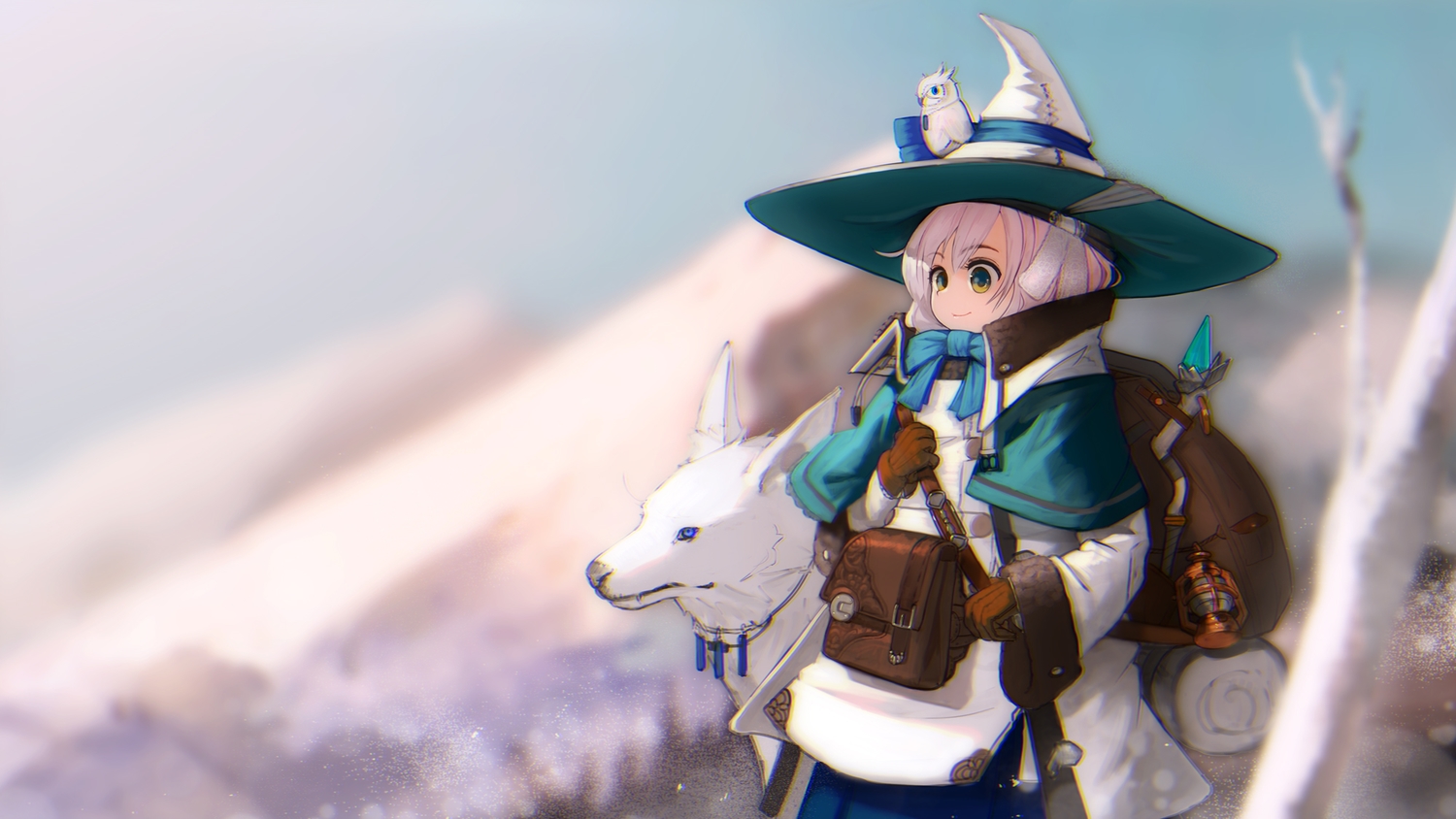 animal, bird, bow, cape, dog, gloves, gray_hair, green_eyes, hat, hiragana_(gomasyabu), original, wand, witch_hat