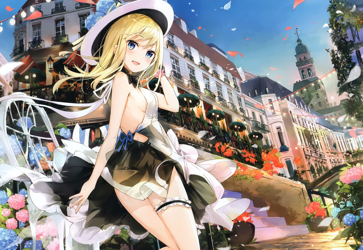 blonde_hair, blue_eyes, blush, breasts, building, city, clouds, dress
