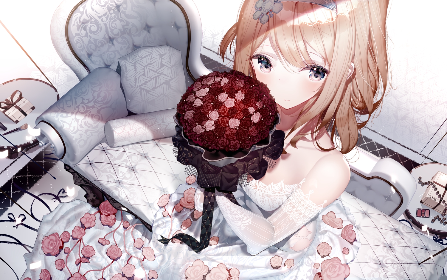 anthropomorphism, atha, blonde_hair, blue_eyes, couch, dress, flowers, girls_frontline