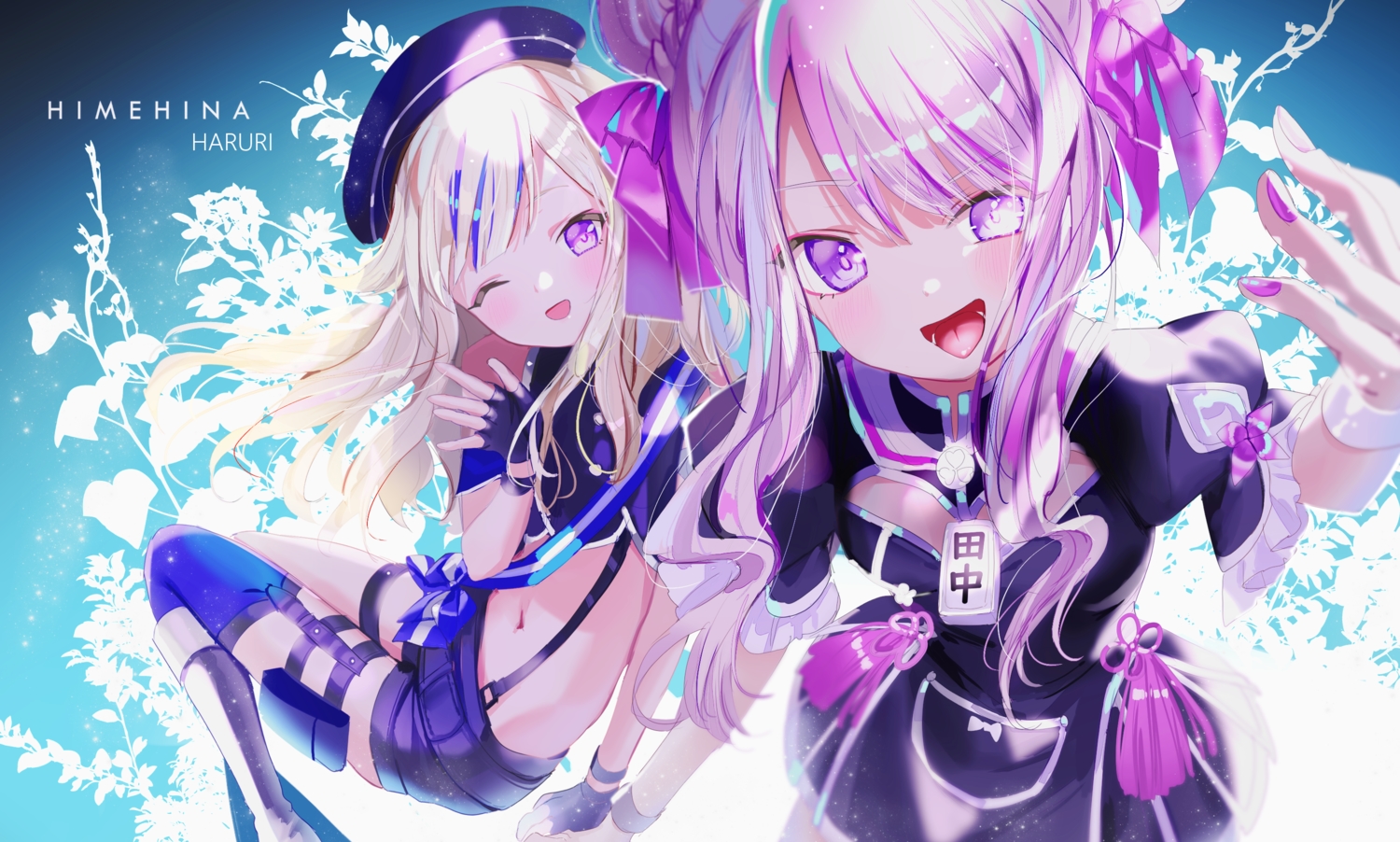 2girls, blonde_hair, blush, boots, chinese_clothes, cropped, dress, garter, gloves, haruri, hat, himehina_channel, long_hair, navel, pink_hair, purple_eyes, shorts, silhouette, suzuki_hina, tanaka_hime, thighhighs, watermark, wink, wristwear