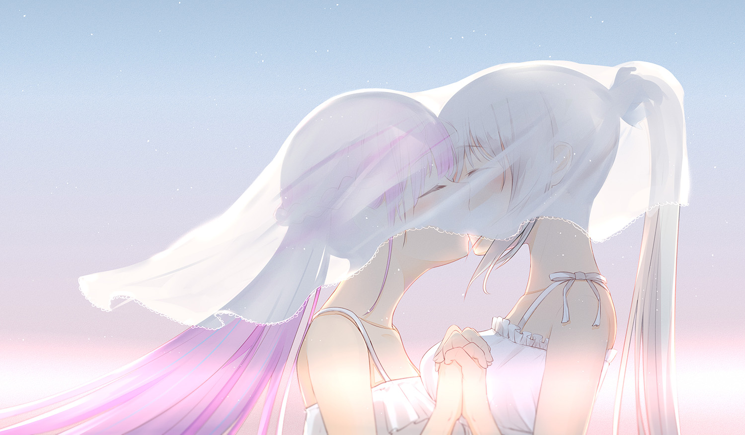 2girls, blush, close, gradient, gray_hair, hololive, jpeg_artifacts, kagura_gumi, kagura_mea, kiss, long_hair, minato_aqua, pink_hair, ponytail, see_through, shoujo_ai, yao_unripe
