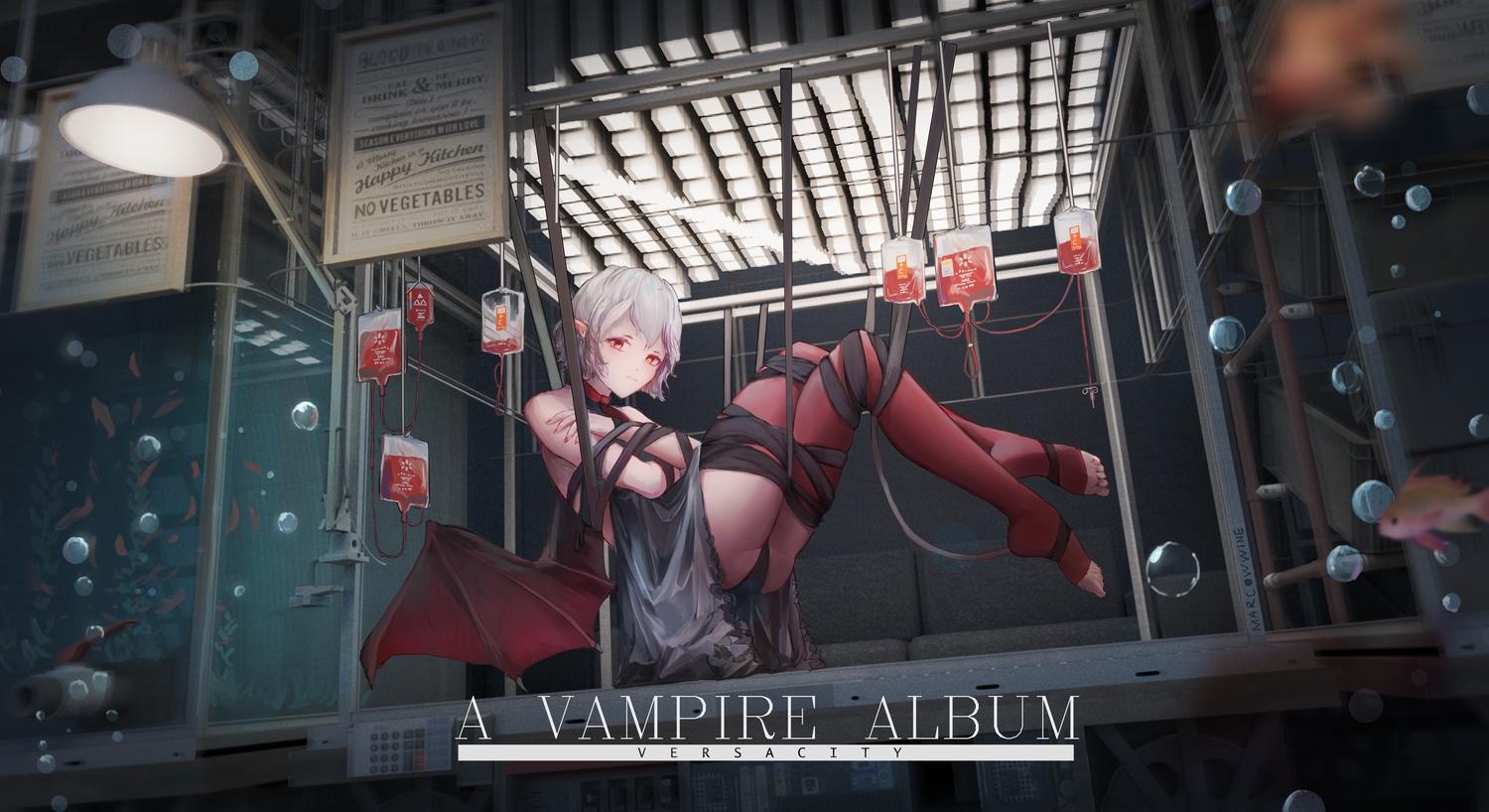 blood, bondage, dress, marcowwine, panties, remilia_scarlet, short_hair, thighhighs, touhou, underwear, white_hair, wings