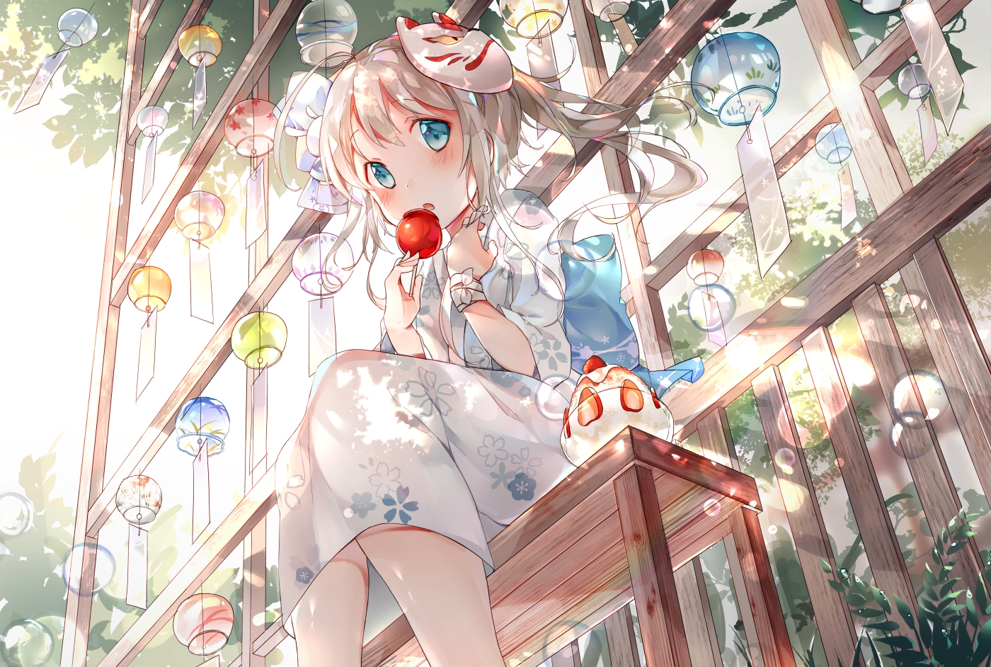 aliasing, amafuyu, apple, blonde_hair, blush, bubbles, candy, food