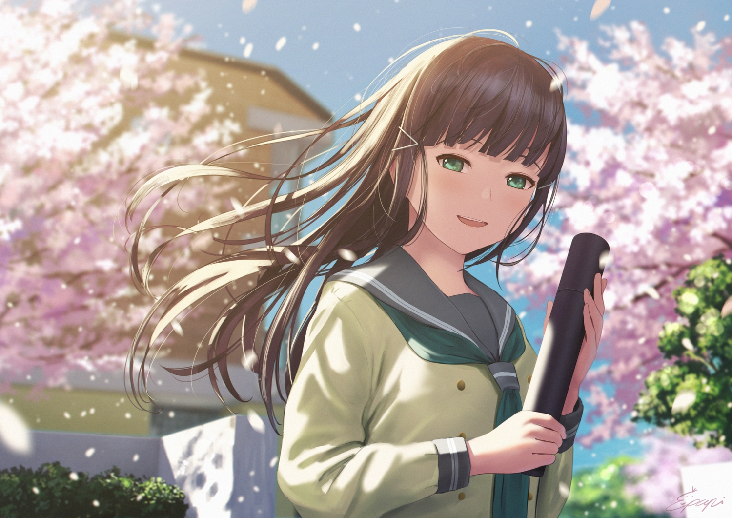 black_hair, building, cherry_blossoms, close, flowers, green_eyes, kurosawa_dia, long_hair