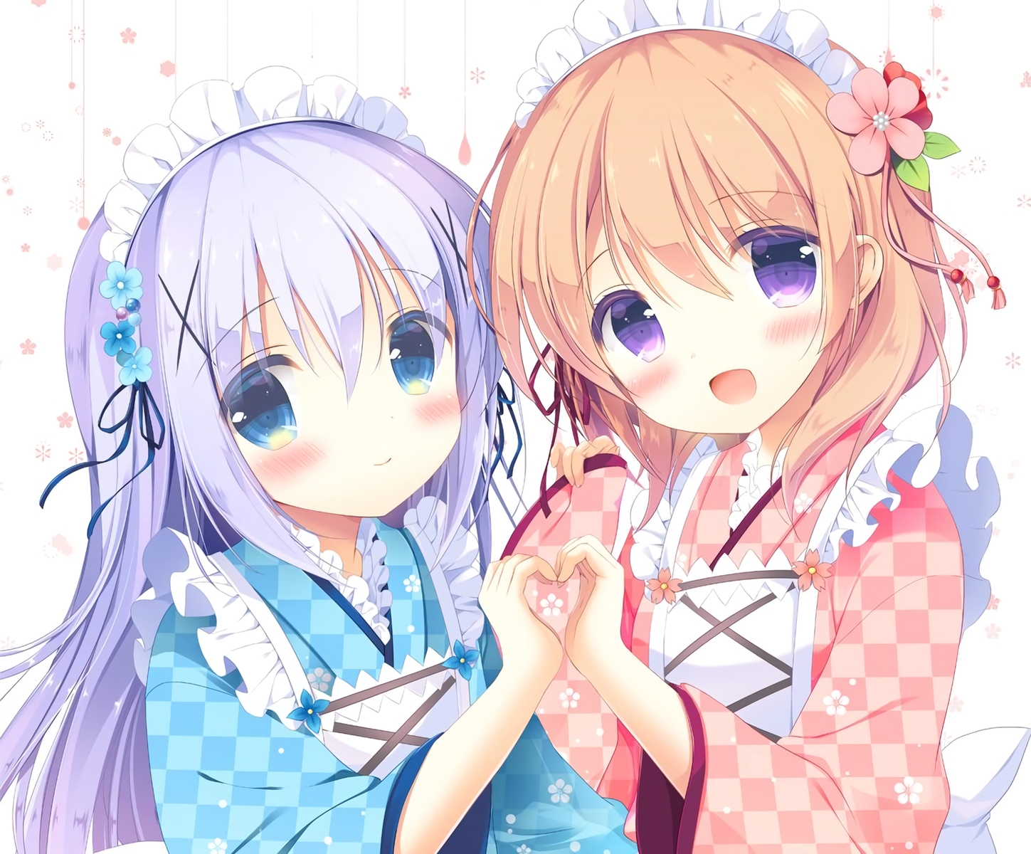 2girls, aono_ribbon, apron, aqua_eyes, blue_hair, blush, cropped, gochuumon_wa_usagi_desu_ka?