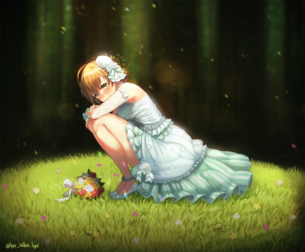 blush, brown_hair, bye_allen_bye, dress, flowers, grass, green, green_eyes, idolmaster, idolmaster_million_live!, sakuramori_kaori, short_hair, signed, wedding_attire