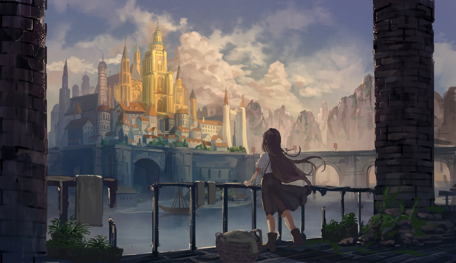building, clouds, long_hair, nogi_momoko, original, scenic, skirt, sky