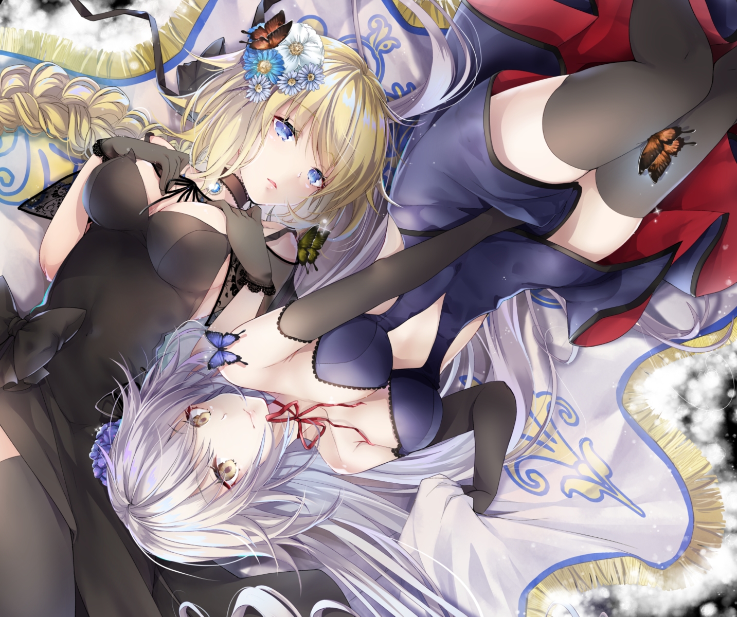 akatsuki_hijiri, blonde_hair, blue_eyes, bow, braids, breast_hold, breasts, butterfly, choker, cleavage, dress, elbow_gloves, fate/grand_order, fate_(series), flowers, gloves, gray_hair, jeanne_d'arc_alter, jeanne_d'arc_(fate), long_hair, ponytail, ribbons, thighhighs, yellow_eyes