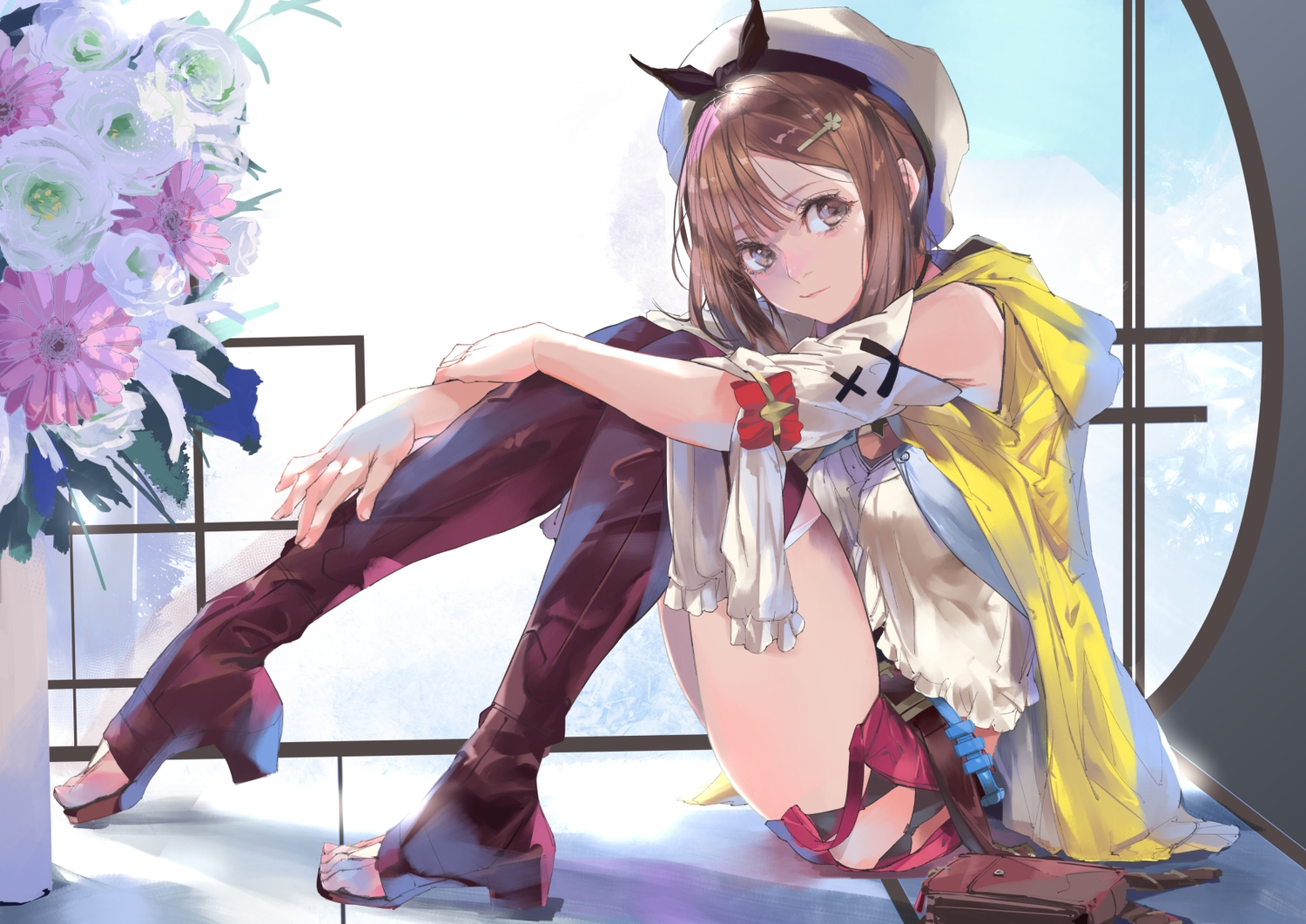 atelier, atelier_ryza, boots, brown_eyes, brown_hair, flowers, hat, hood, kiriyama, reisalin_stout, rose, short_hair, shorts, thighhighs