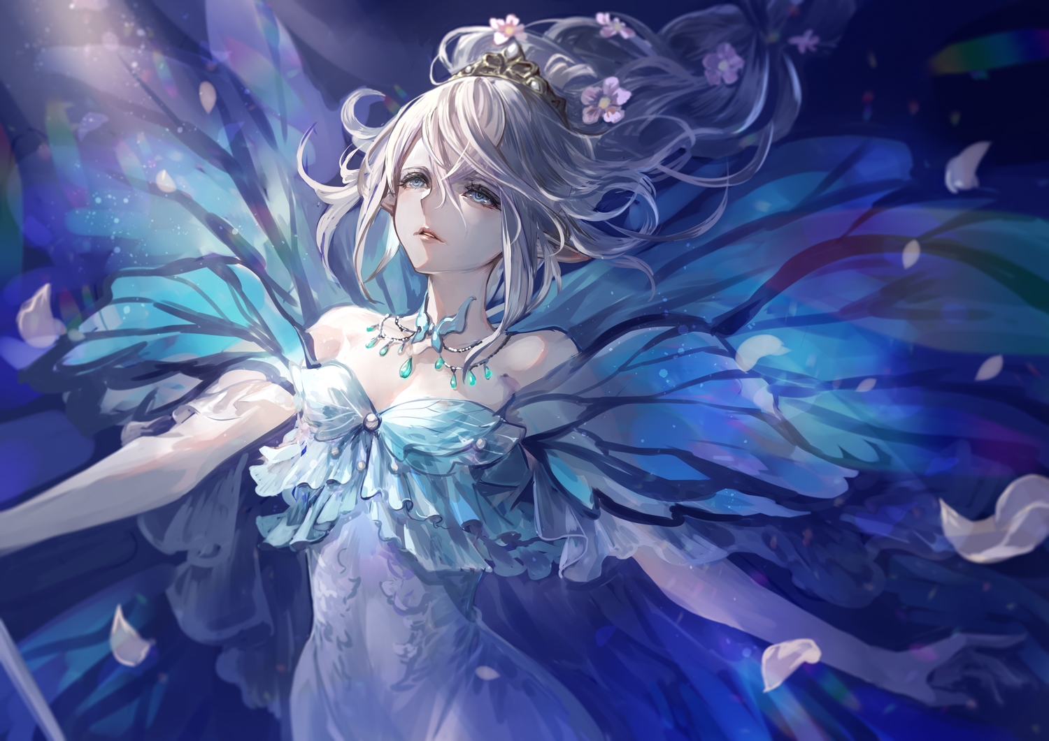 blue_eyes, cape, dress, final_fantasy, final_fantasy_xiv, flowers, long_hair, necklace