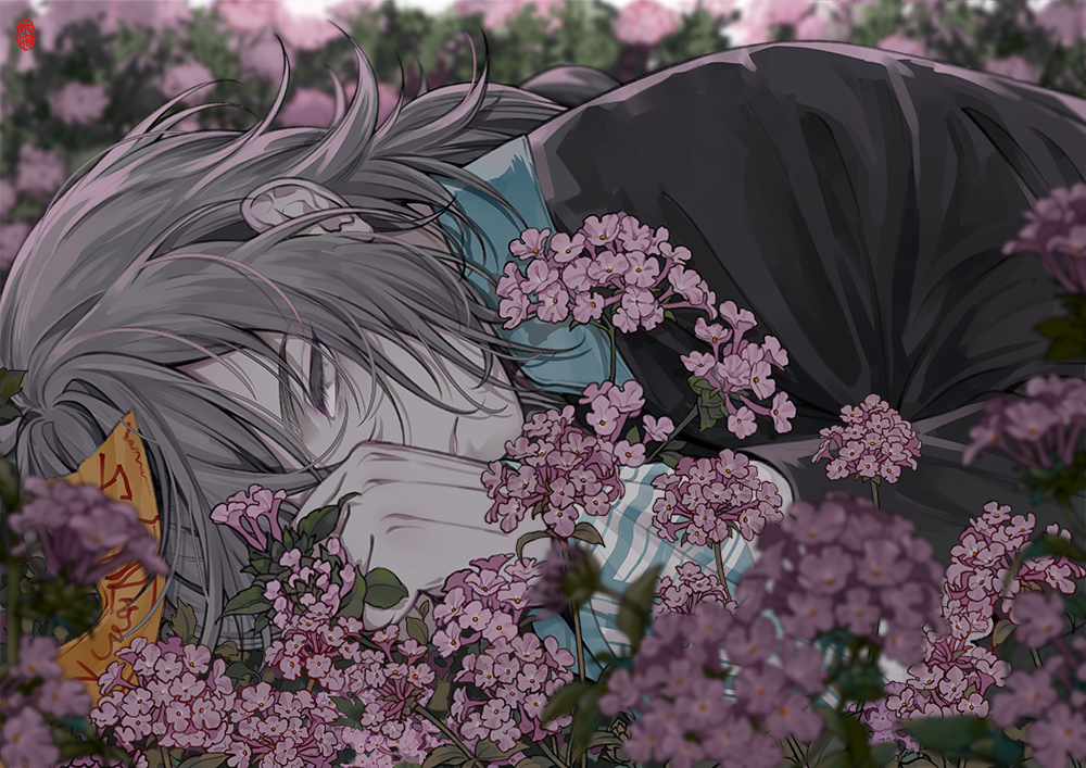 all_male, braids, close, dark, flowers, gloves, gray_eyes, gray_hair