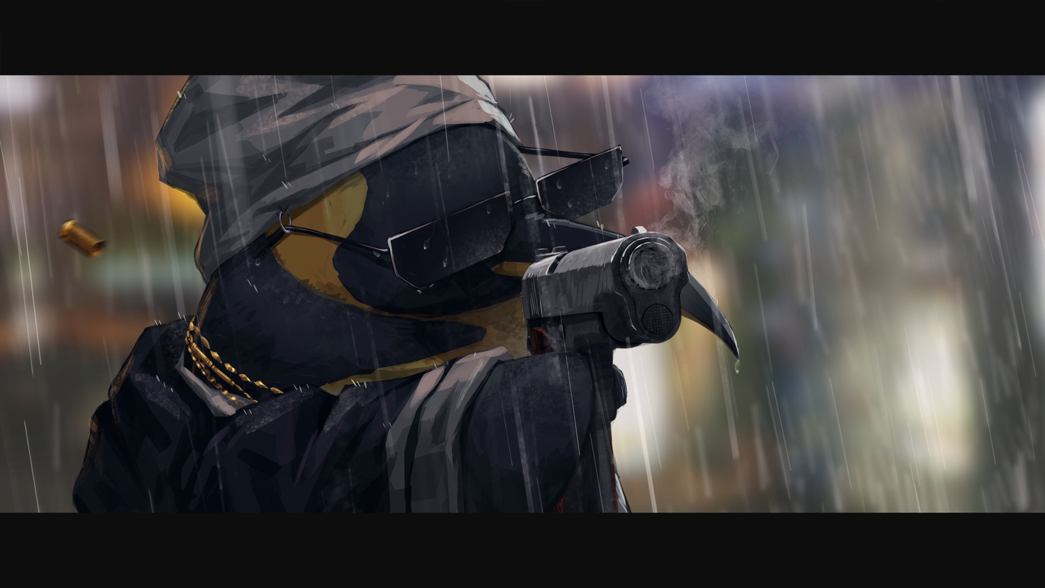 animal, arknights, bird, close, gh_(chen_ghh), gun, headdress, necklace, penguin, rain, smoking, sunglasses, the_emperor_(arknights), water, weapon