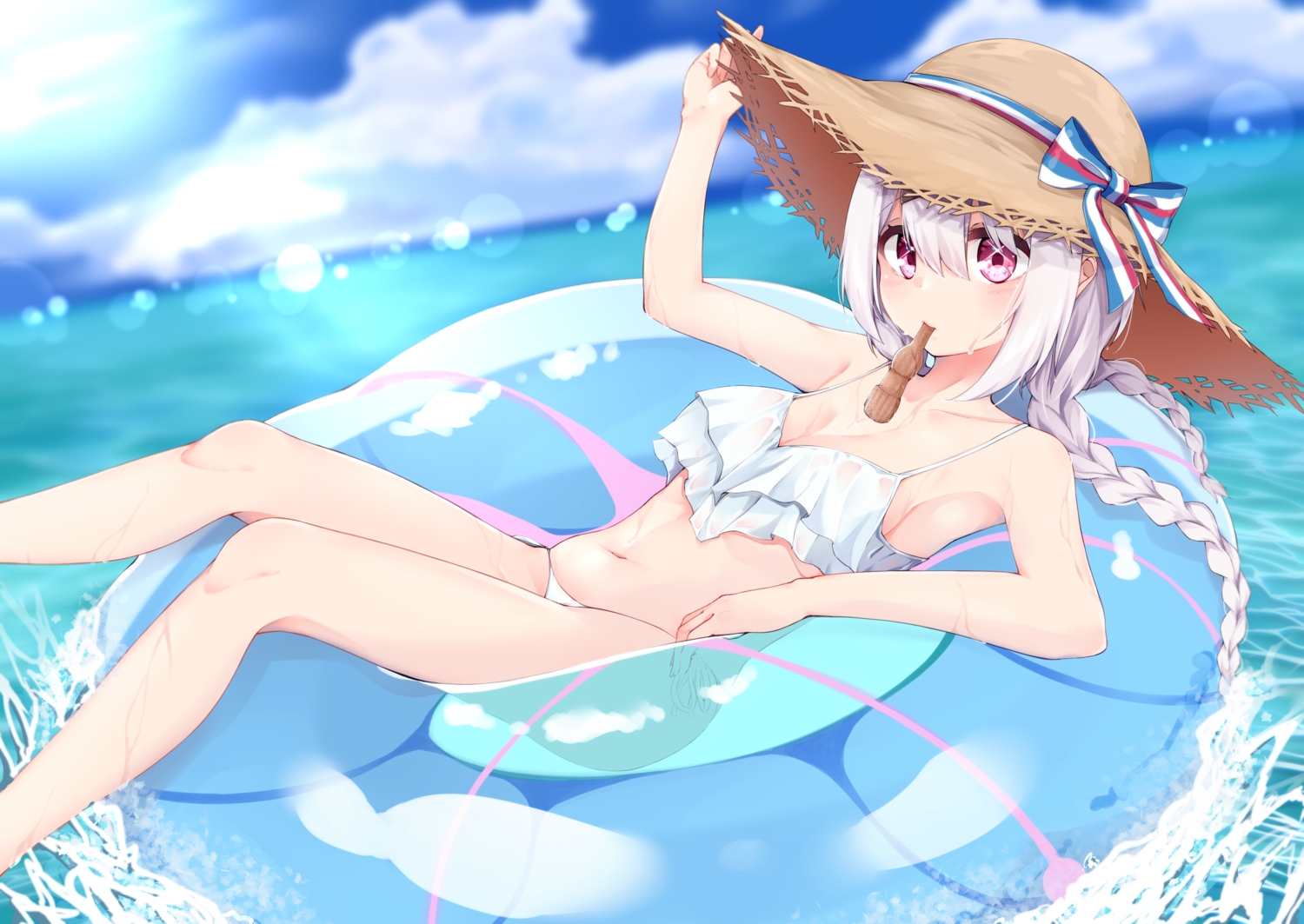 bikini, blush, braids, breasts, candy, cleavage, clouds, hat, hijouguti, navel, nijisanji, pink_eyes, shiina_yuika, sky, swim_ring, swimsuit, twintails, water, white_hair