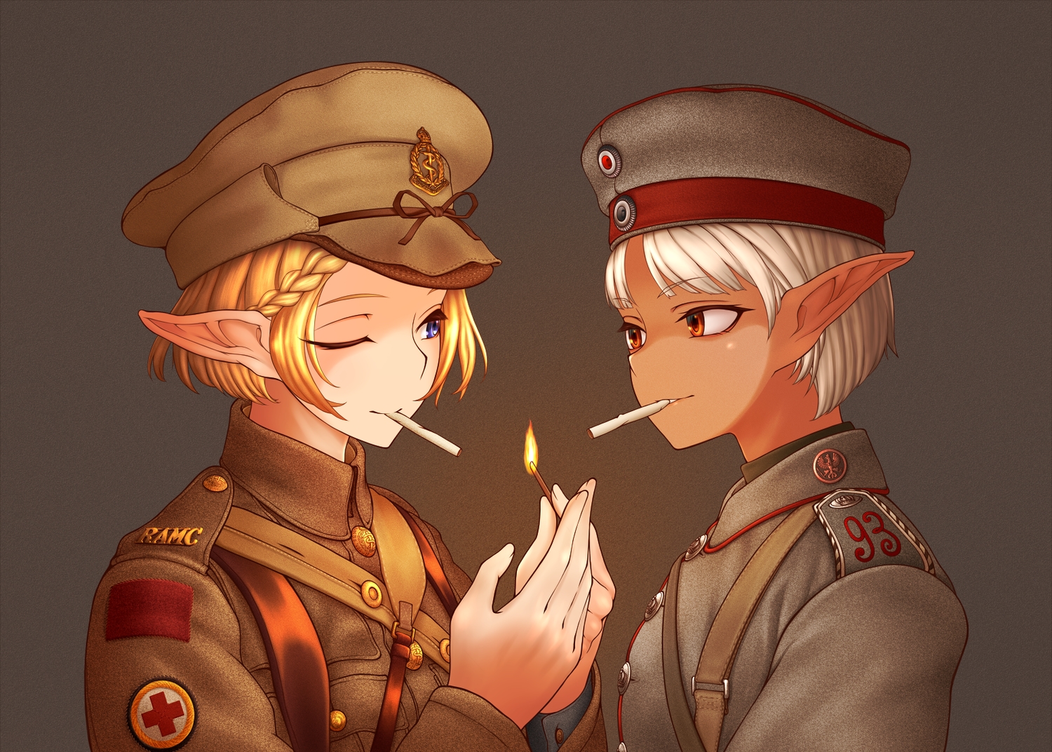 2girls, blonde_hair, blue_eyes, braids, cigarette, dark_skin, dorotabou_(dieter), fire, gray, hat, military, original, pointed_ears, red_eyes, short_hair, uniform, white_hair, wink