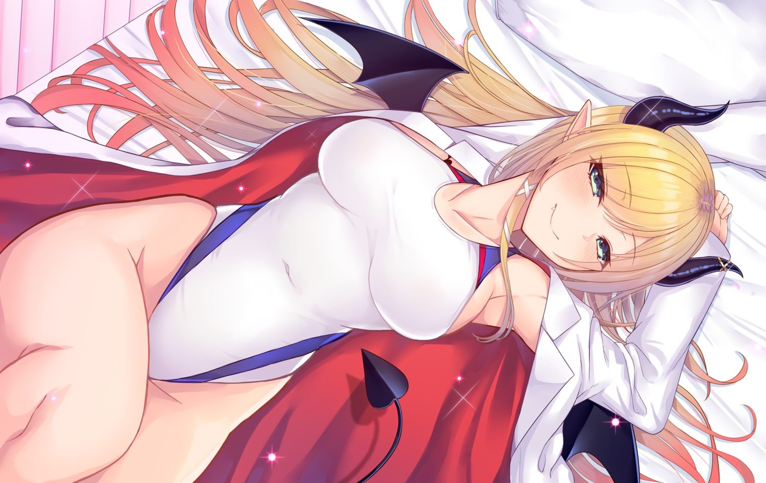 bed, blonde_hair, blush, breasts, demon, fang, green_eyes, hololive, horns, long_hair, pointed_ears, skintight, swimsuit, tail, wings, yoshiheihe, yuzuki_choco