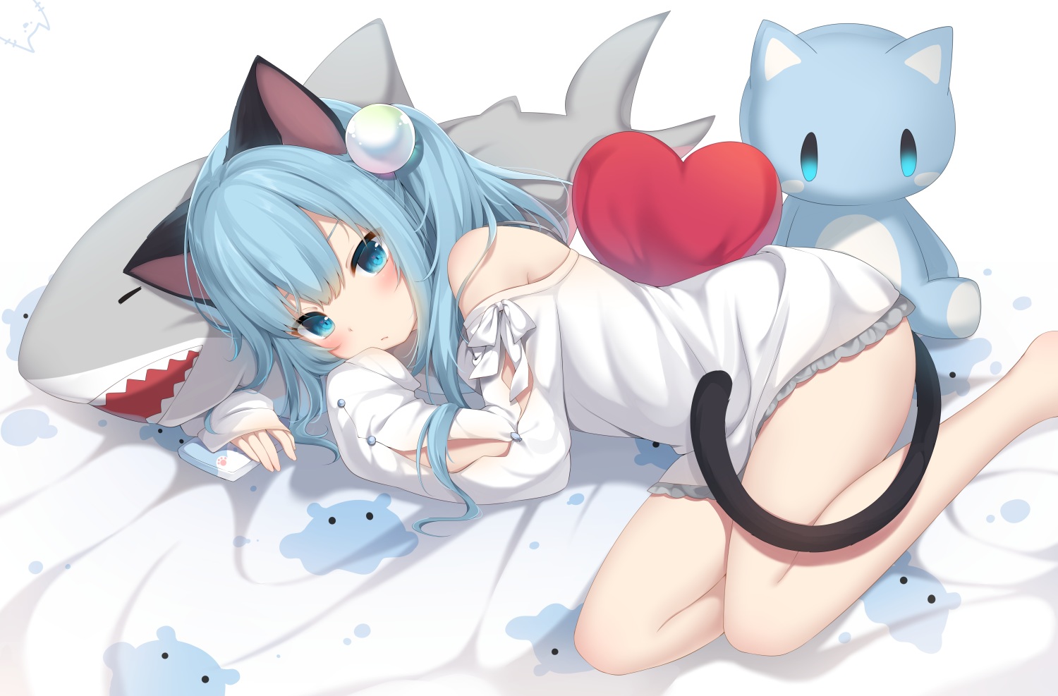 amashiro_natsuki, animal_ears, aqua_eyes, aqua_hair, blush, catgirl, long_hair, nekoha_shizuku, original, tail