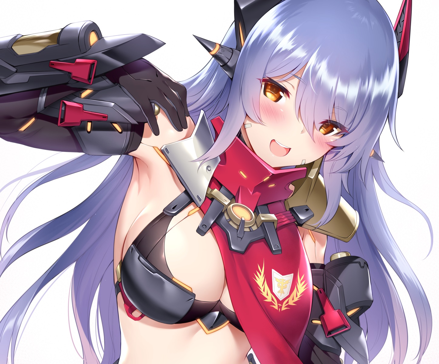armor, bikini, blue_hair, blush, breasts, cleavage, cropped, elbow_gloves, gloves, hana_(xenoblade), horns, long_hair, m-da_s-tarou, orange_eyes, robot, swimsuit, techgirl, white, xenoblade