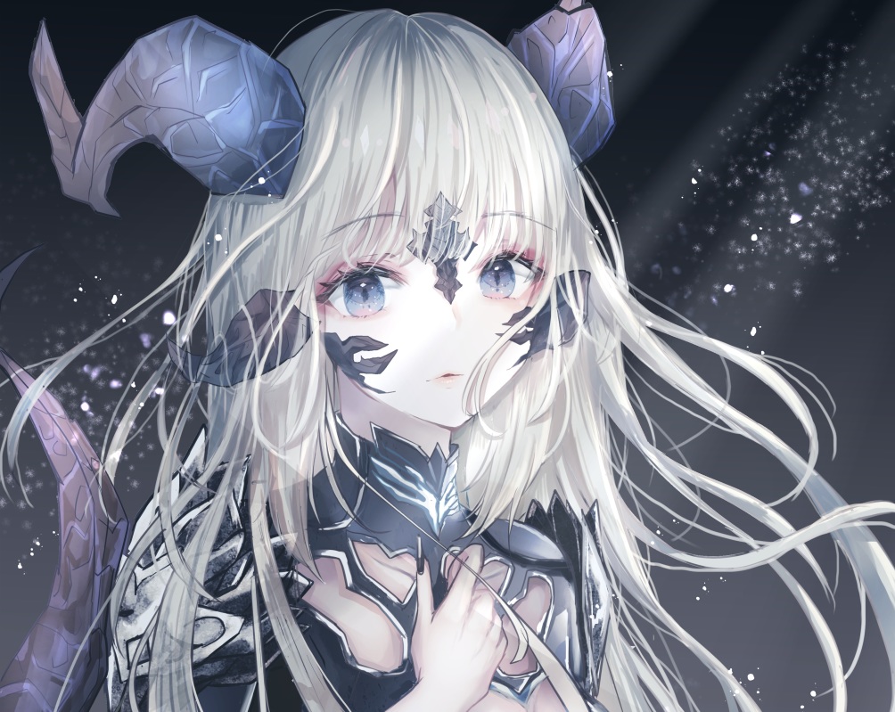 armor, au_ra, blue_eyes, close, cropped, final_fantasy, final_fantasy_xiv, horns, long_hair, sakura_mochiko, tail, white_hair