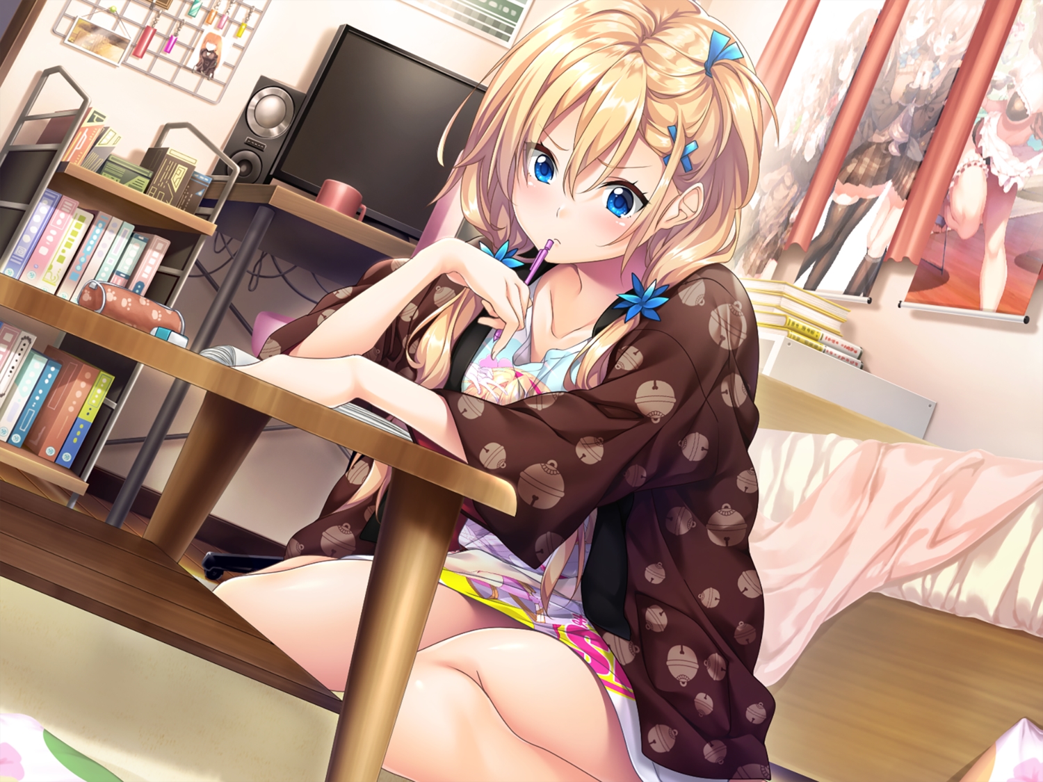 aikagi_2, azarashi_soft, bed, blonde_hair, blue_eyes, blush, book, computer, game_cg, gintarou_(kurousagi108), long_hair, sumeragi_ayano, twintails