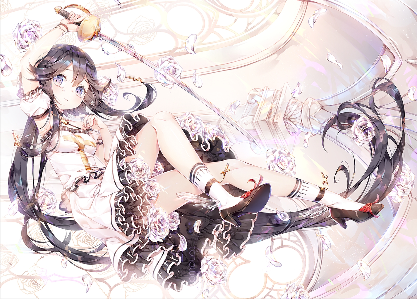 black_hair, blue_eyes, dress, flowers, kneehighs, long_hair, original, rose, sword, tears, tonowa, watermark, weapon
