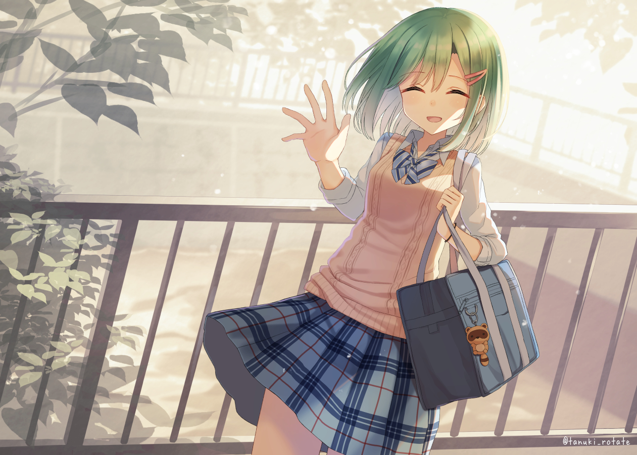 aliasing, bow, green_hair, original, school_uniform, shirai_tanuki, short_hair, skirt