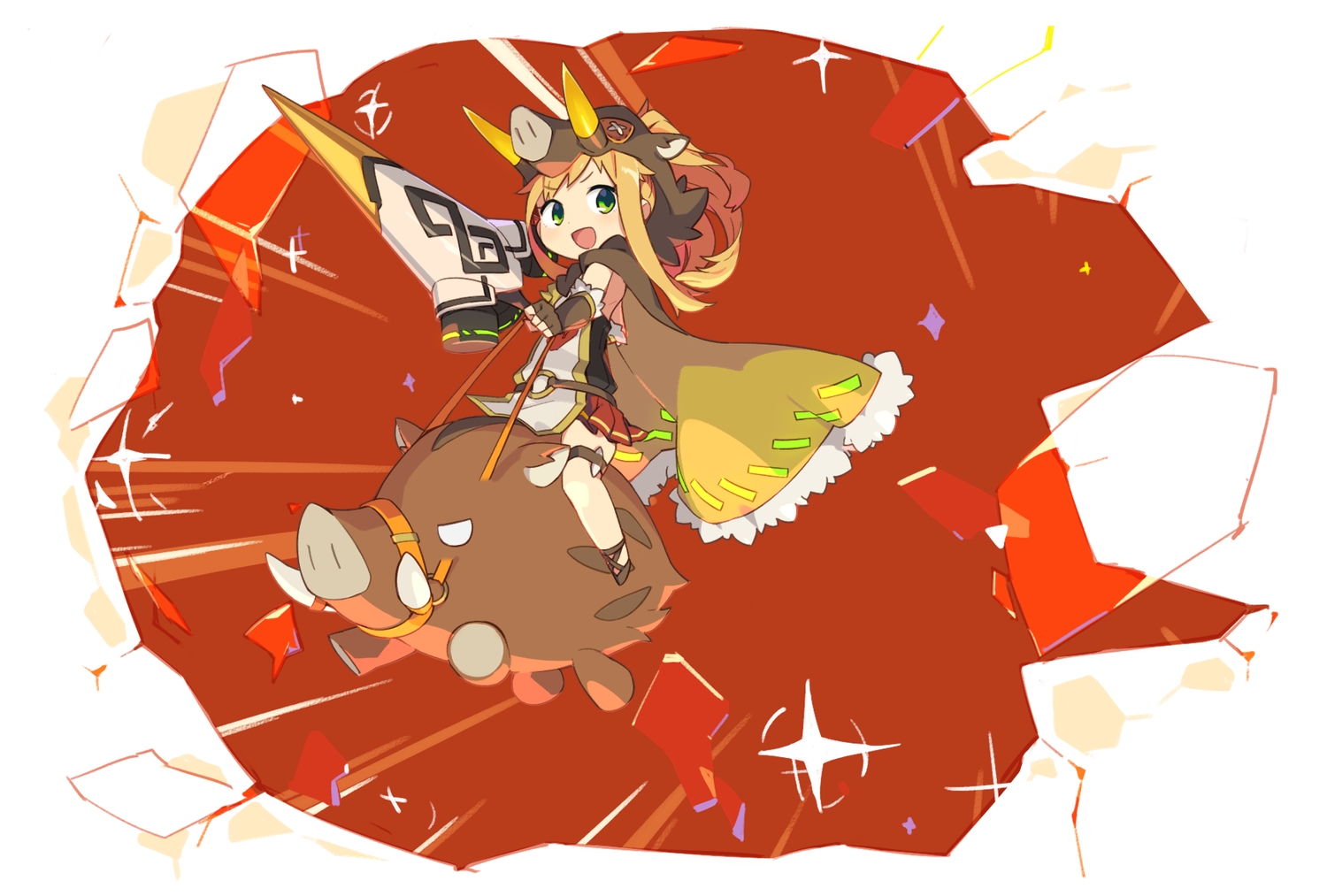 animal, blonde_hair, cape, chibi, elbow_gloves, garter, gloves, green_eyes, hood, horns, long_hair, original, skirt, spear, tekka_maki_(wafuu-bune), weapon