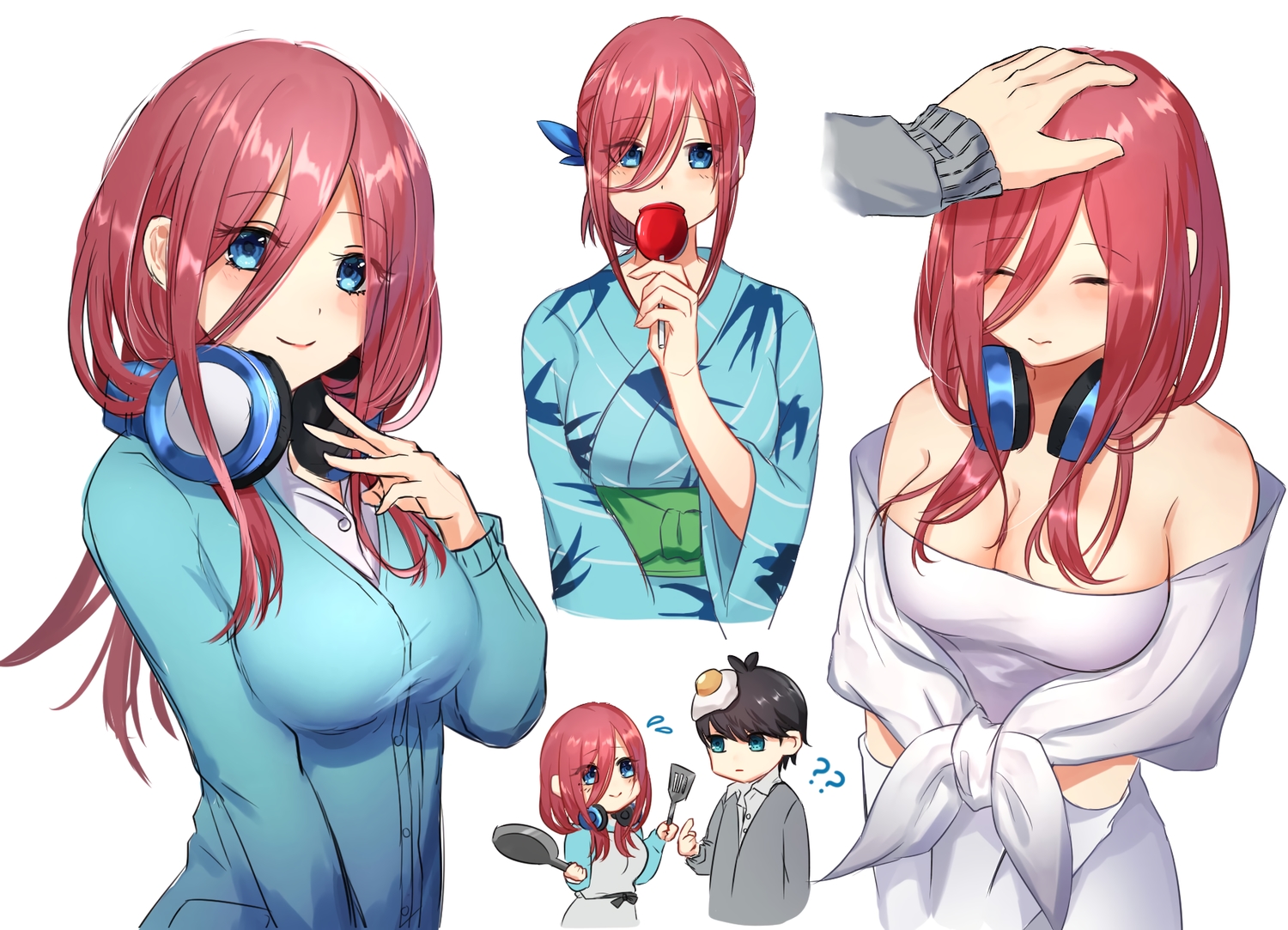 apple, apron, aqua_eyes, breasts, candy, cleavage, dress, elbow_gloves, food, fruit, gloves, go-toubun_no_hanayome, headphones, japanese_clothes, long_hair, male, nakano_miku, red_hair, rusi0_0, sketch, uesugi_fuutarou, white, yukata