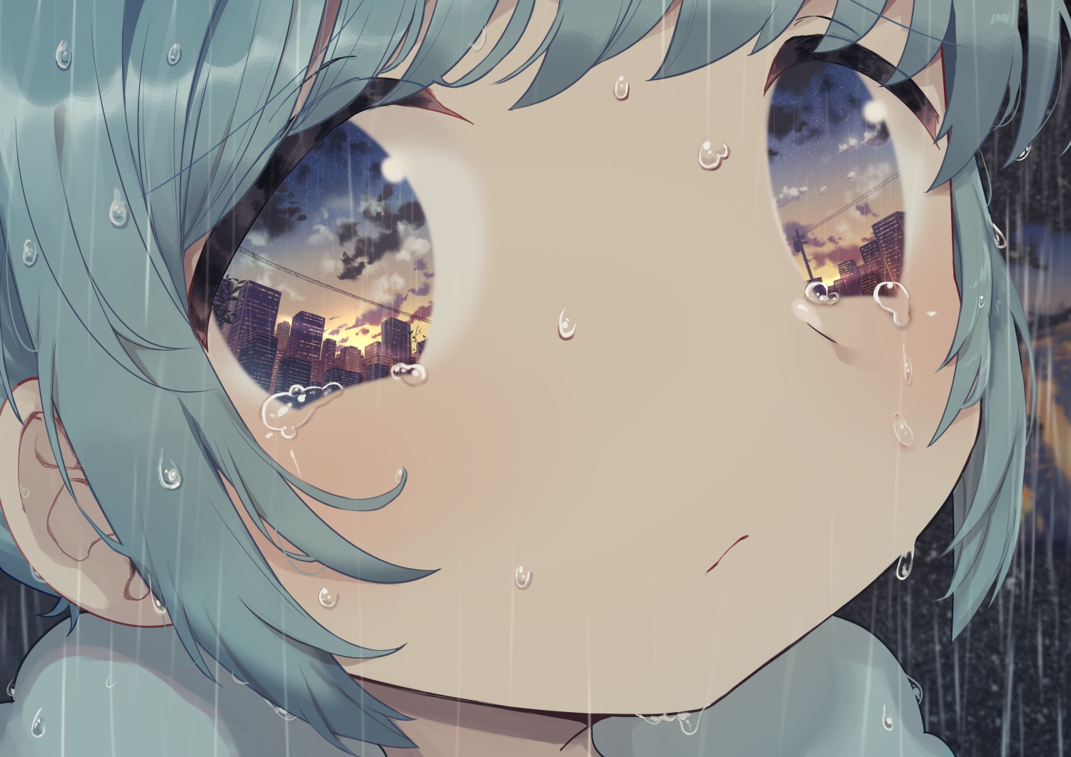aqua_hair, building, city, close, clouds, niizuka_(c-drop), original, rain, reflection, short_hair, sky, sunset, tears, water