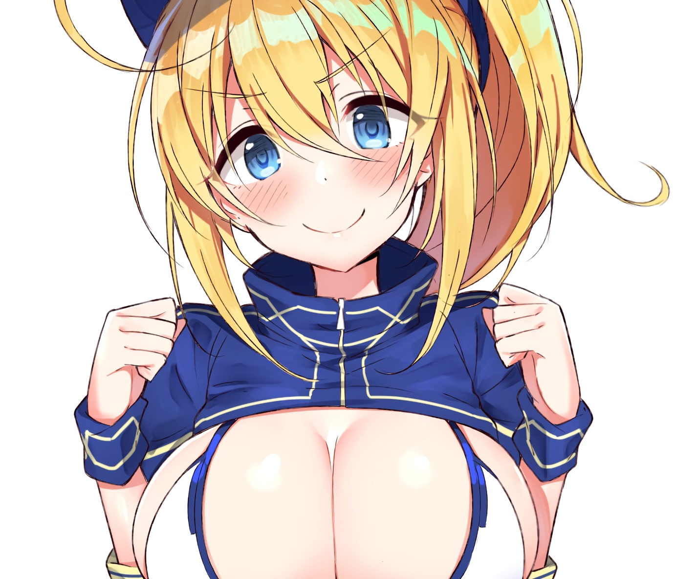 aqua_eyes, artoria_pendragon_(all), bikini, blonde_hair, blush, breasts, cleavage, close, cropped, fate/grand_order, fate_(series), hat, ichi-jirushi, long_hair, mysterious_heroine_xx_(foreigner), ponytail, sketch, swimsuit, waifu2x, white, wristwear