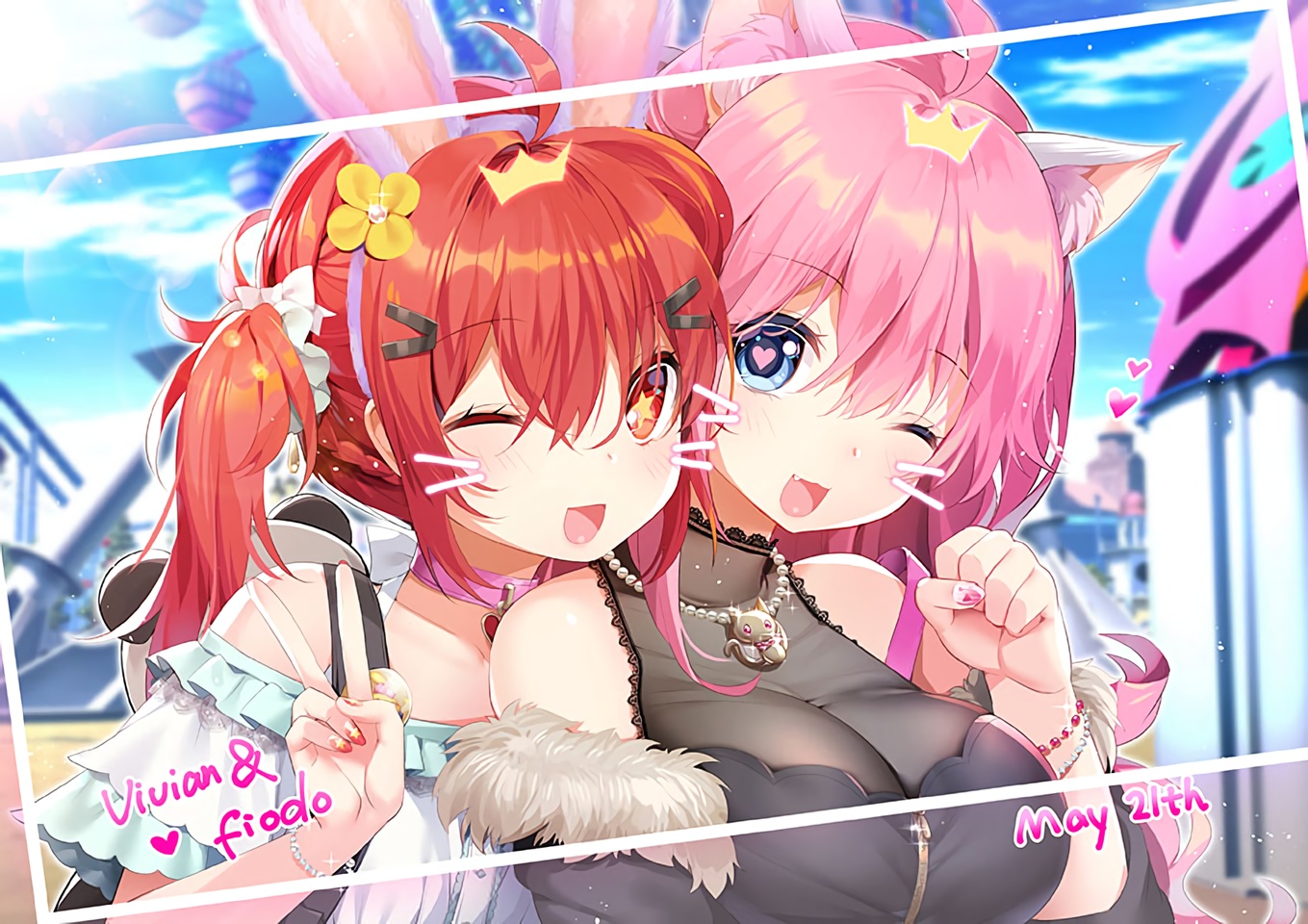 2girls, animal_ears, aqua_eyes, blush, breasts, bunny_ears, bunnygirl, catgirl, cat_smile, close, clouds, collar, fang, headband, mvv, necklace, original, red_eyes, red_hair, sky, twintails, vivian_(mvv), waifu2x, wink, wristwear, xiao_me