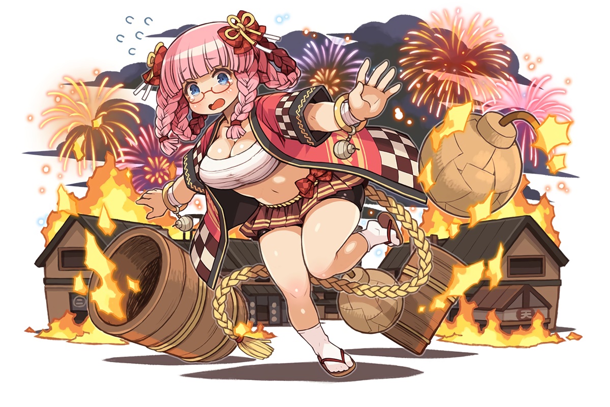 aqua_eyes, bandage, bike_shorts, braids, breasts, building, cleavage, fire