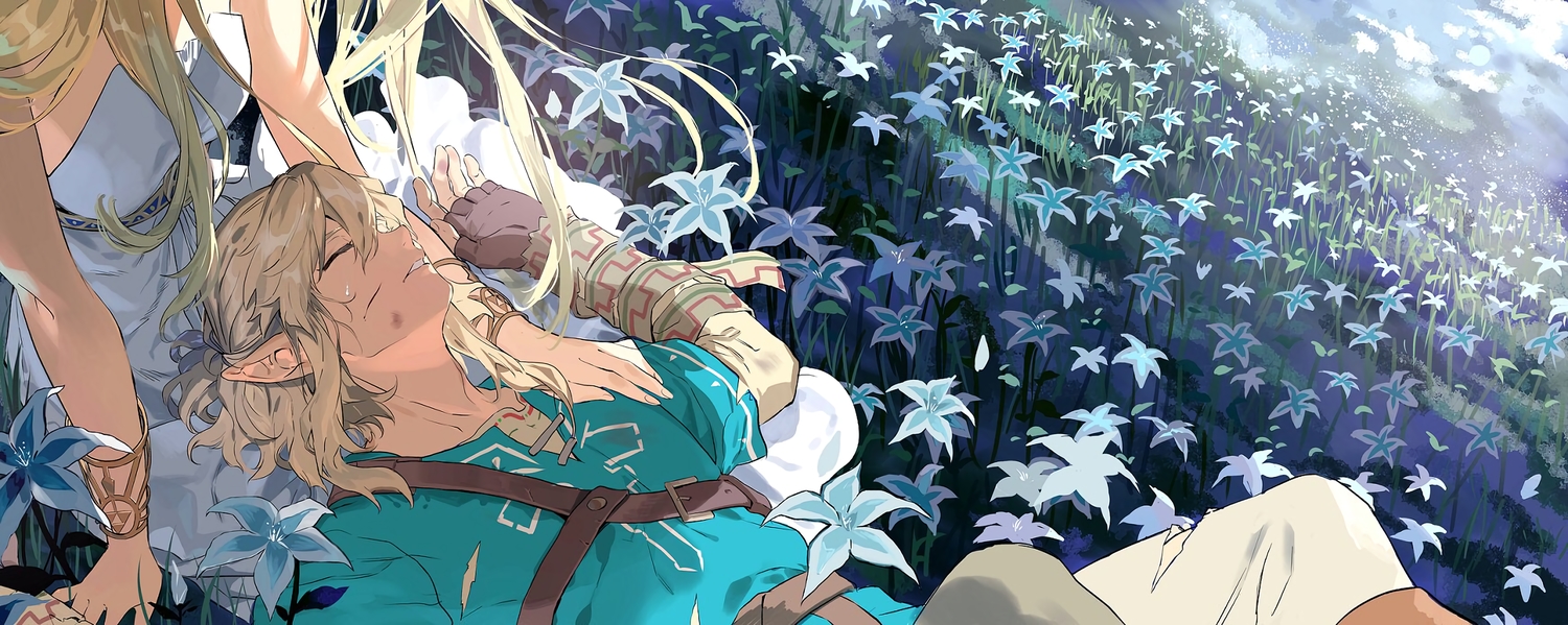 blonde_hair, dress, flowers, gloves, gyou_chin, link_(zelda), long_hair, male, pointed_ears, ponytail, princess_zelda, the_legend_of_zelda, waifu2x, wristwear