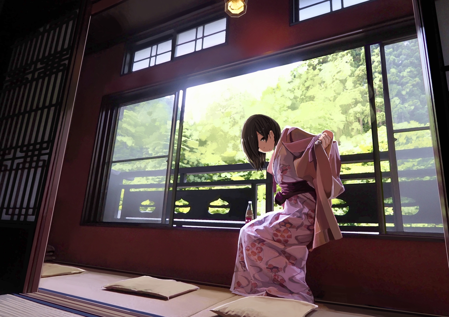 black_hair, brown_eyes, drink, japanese_clothes, kimono, original, sakeharasu, scenic