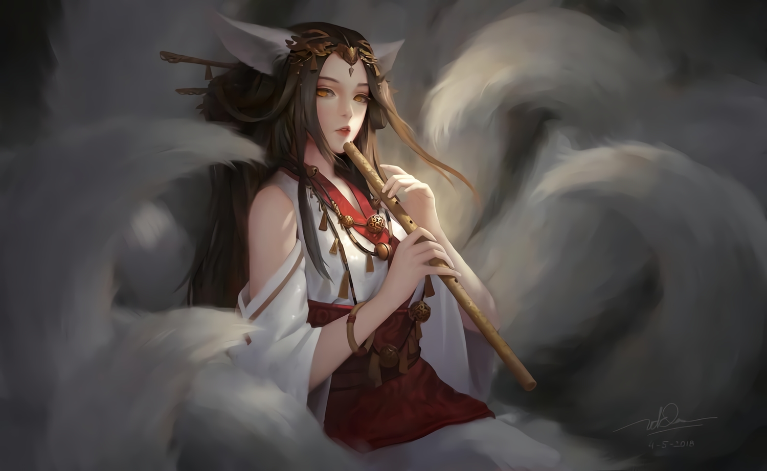 animal_ears, bell, brown_hair, dao_trong_le, flute, foxgirl, instrument, japanese_clothes