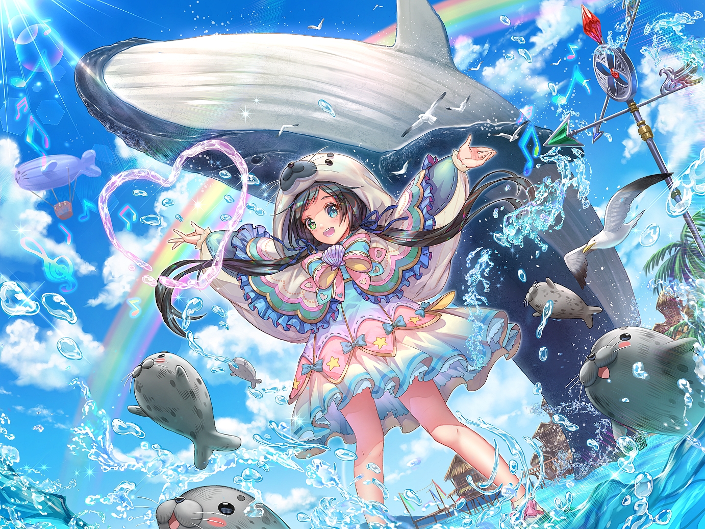 airship, animal, bicolored_eyes, bird, black_hair, bow, braids, cape, clouds, dress, hood, jpeg_artifacts, long_hair, lunarmimi, music, original, rainbow, sky, twintails, water