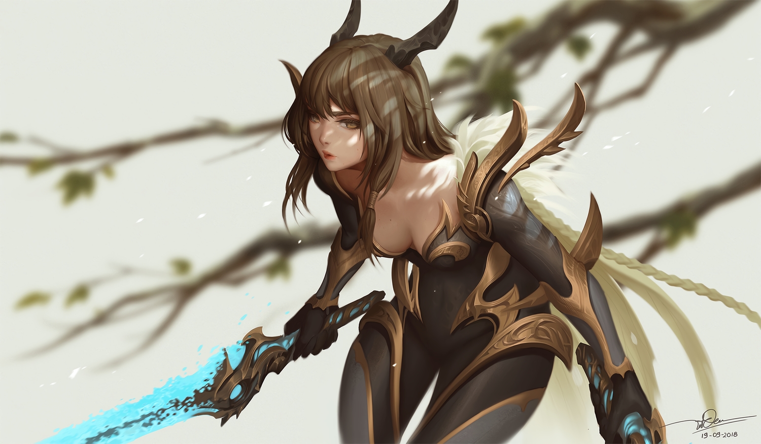 bodysuit, breasts, brown_eyes, brown_hair, dao_trong_le, horns, long_hair, original, signed, sword, weapon