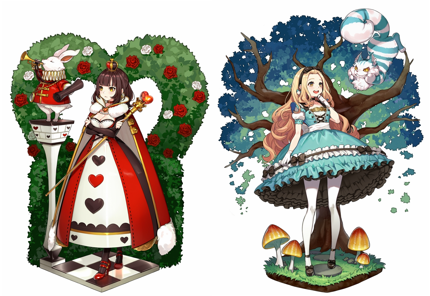 2girls, alice_in_wonderland, alice_(wonderland), animal, blonde_hair, breast_hold, breasts, brown_hair