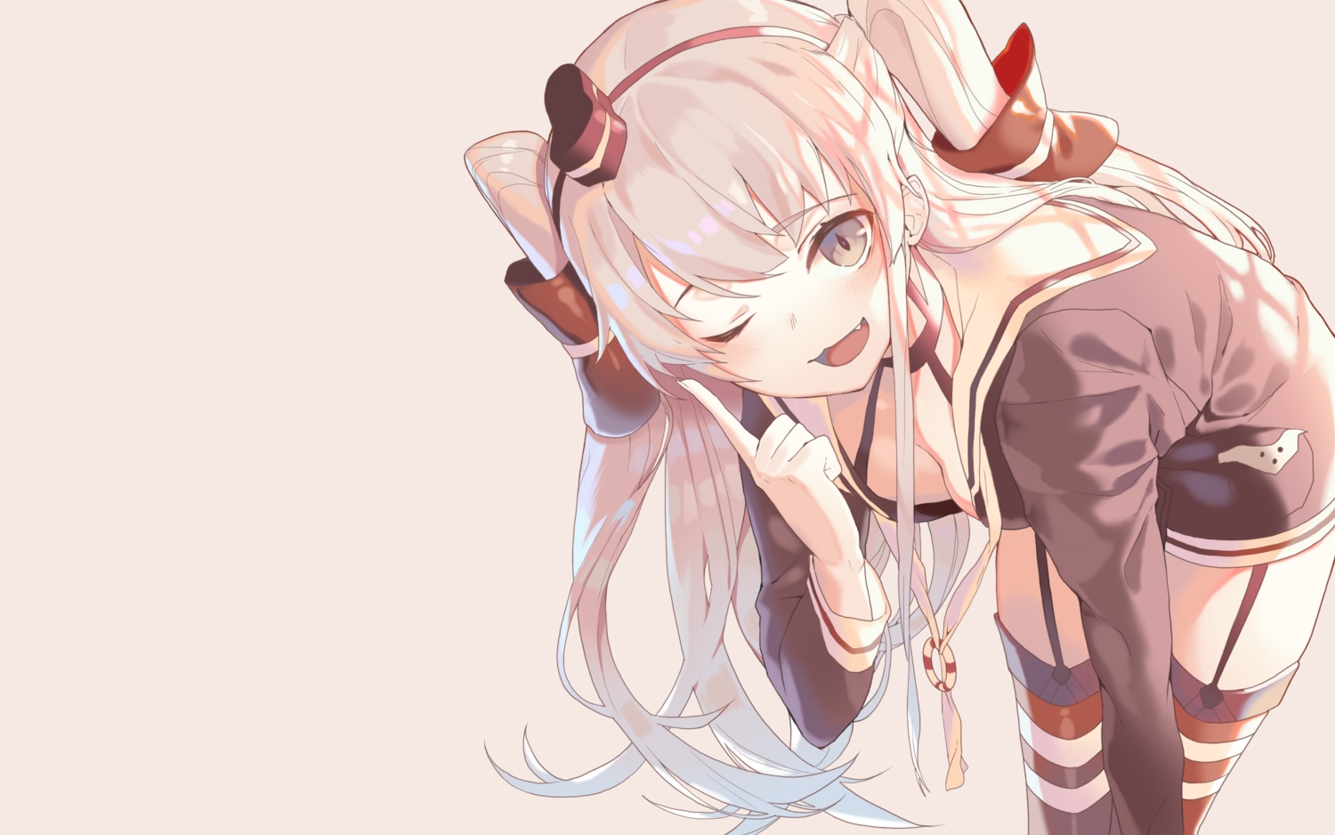 amatsukaze_(kancolle), anthropomorphism, blush, breasts, cat_smile, cleavage, dress, fang, garter_belt, gray_eyes, gray_hair, headband, kantai_collection, long_hair, school_uniform, thighhighs, torano, twintails, wink, zettai_ryouiki