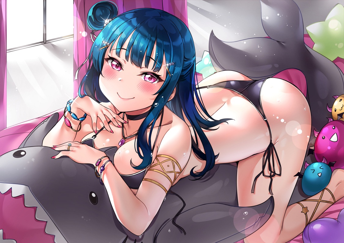 ass, bed, bikini, blue_hair, blush, choker, love_live!_school_idol_project, love_live!_sunshine!!